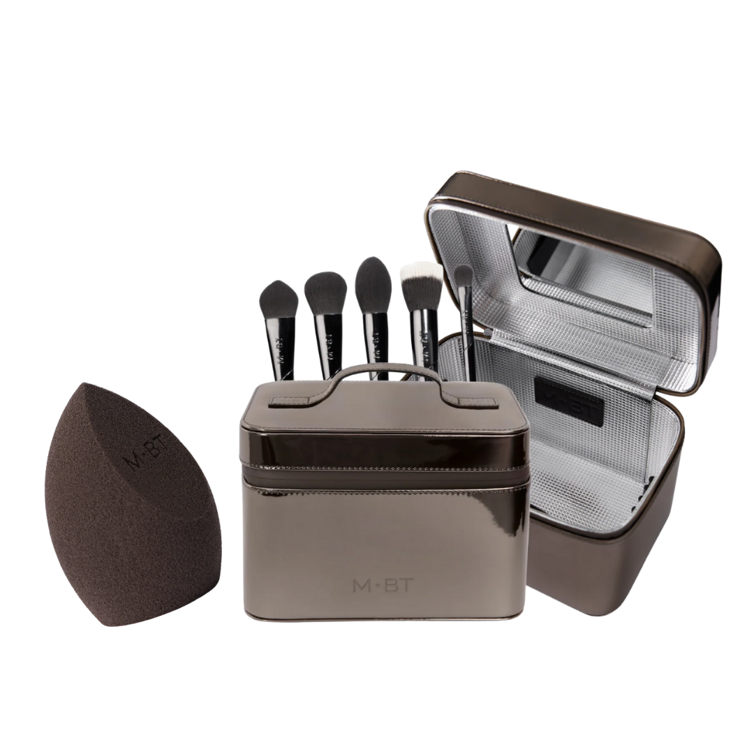 Grožio lagaminėlis su pilnu teptukų rinkiniu + Makiažo kempinėlė