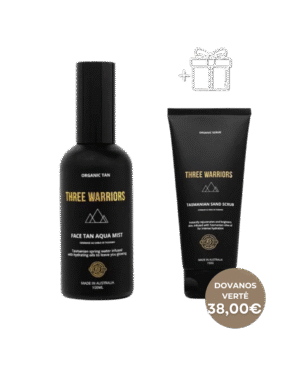 Purškiamas savaiminio įdegio veido tonikas FACE TAN AQUA MIST + Tasmanijos smėlio kūno šveitiklis TASMANIAN SAND SCRUB DOVANŲ
